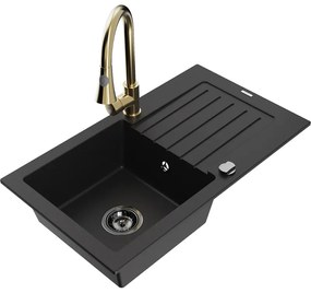 Mexen Pablo, 1-komorový granitový drez 752x436x161 mm a drezová batéria Elia, čierna, 6510-77-670101-50-B