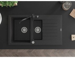 Mexen Matias, granitový drez 900x505x200 mm, 1,5-komorový a drezová batéria Carla, čierna-strieborná metalíza, 6502-73-670700-70