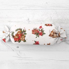 Biante Vianočný vankúš valec bonbon Sandra SA-515 Vianočné hviezdy a ozdoby na bielom 15x80 cm