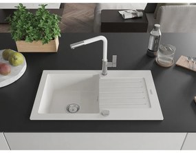 Mexen Pablo, 1-komorový granitový drez 752x436x161 mm a drezová batéria Flora, biela, 6510-20-670401-02