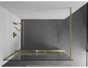 Mexen Kioto+, sprchová zástena Walk-In s poličkou a vešiakom 100 x 200 cm, 8mm číre sklo biely vzor, zlatý matný profil, 800-100-121-55-85