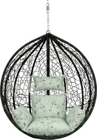 Čierne závesné kreslo KOKON bez stojanu, svetlozelený vankúš so vzorom