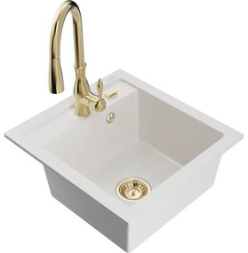 Mexen Vito, 1-komorový granitový drez 520x490x210 mm a drezová batéria Savita, biela, 6503-20-672601-50