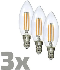 LED žiarovka vláknová sviečka E14, 4W, 470lm 2700K, filament, 3 ks