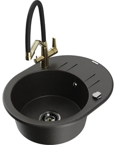 Mexen Kevin, granitový drez 586x458x190 mm, 1-komorový a biela batéria Duo, čierna-zlatá metalíza, 6517-75-671701-57-B