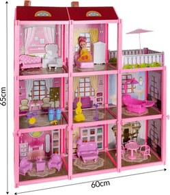 Trojposchodový domček pre bábiky s balkónom – bábika + 22 kusov nábytku