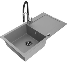 Mexen Leo, granitový drez 900x500x190 mm, 1-komorový a drezová batéria Aster, šedá, 6501-71-73450-07-B