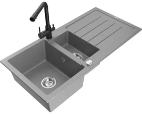 Mexen Andres, granitový drez 1000x500x200 mm, 1,5-komorový + čierna batéria Duero, šedá, 6515-71-671600-70