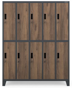 Kovová šatňová boxová skriňa na nôžkach s 10 boxami BARTEK, 1360 x 1720 x 450 mm, Eco Design: antracitová/ dub sonoma