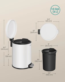 SONGMICS 6L pedálový kúpeľňový odpadkový kôš, mäkké zatváranie, obláčiková biela