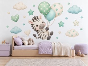 Plyšová zebra s balónmi mätovo modré textilné nálepky na stenu do detskej izbičky arch 46 x 34 cm