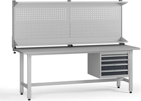 Výškovo nastaviteľný dielenský stôl G5 s nadstavbou, 2100 x 750 x 800-1000 mm, 1x kontajner, 4 zásuvky, grafit