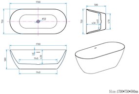 Erga Kaia, voľne stojaca vaňa 170x75 cm + odtoková zátka, biela lesklá, ERG-Kaia-170075-WH-WH
