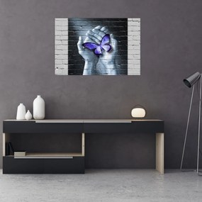 Obraz - Fialový motýľ na stene (90x60 cm)