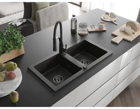 Mexen Mario, granitový drez 820x436x161 mm, 2-komorový a drezová batéria Aster, čierna-zlatá metalíza, 6504-75-73450-70-B