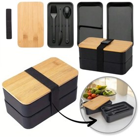 Svačinový box DUO LUNCH s príborom, čierny/bambus