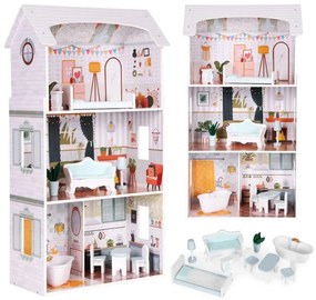 Drevený domček pre bábiky ALICE – 3 poschodia + nábytok