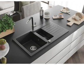 Mexen Matias, 1,5-komorový granitový drez 900x505x200 mm a drezová batéria Flora, čierna škvrnitá, 6502-76-670401-07