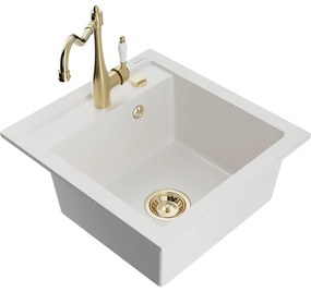 Mexen Vito, granitový drez 490x520x210 mm, 1-komorový a drezová batéria Carla, biela, 6503-20-670700-50