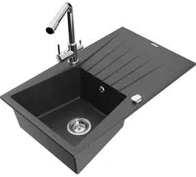 Mexen Cesar, granitový drez 775x470x190 mm, 1-komorový a chrómová batéria Duero, čierna škvrnitá, 6514-76-671600-00