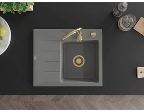 Mexen Ben, 1-komorový granitový drez 600x500x190 mm, pravý + zlatý sifón, šedá, 6523605000-71-G