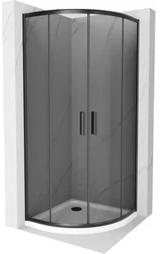 Mexen Rio, štvrťkruhový sprchovací kút s posuvnými dverami 90(dvere) x 90(dvere) x 190 cm, 6mm šedé sklo, čierny profil + biela sprchová vanička Slim, 863-090-090-70-40-4110B