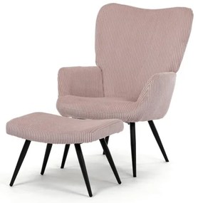 Relaxačné kreslo ušiak s taburetom ROYAL — kov, menčester, ružová
