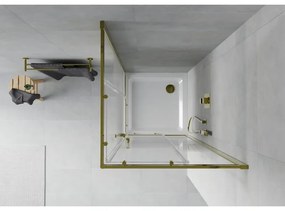 Mexen Rio, štvorcový sprchovací kút s posuvnými dverami 70(dvere) x 70(dvere) x 190 cm, 6mm číre sklo s pásikmi, zlatý profil + biela sprchová vanička SLIM, 860-070-070-50-20-4010G
