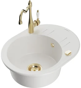 Mexen Kevin, drez granitový 586x458x190 mm, 1-komorový a drezová batéria Carla, biela, 6517-20-670700-50
