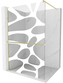 Mexen Kioto+, sprchová zástena Walk-In s poličkou a vešiakom 100 x 200 cm, 8mm číre sklo biely vzor, zlatý matný profil, 800-100-121-55-97