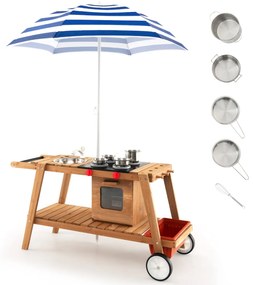 Mud Kitchen Detská vonkajšia detská kuchyňa Drevo so slnečníkom a kolieskami Modrá