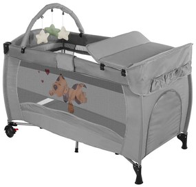 Cestovná postieľka s prebaľovacou podložkou a hracím oblúkom, sivá