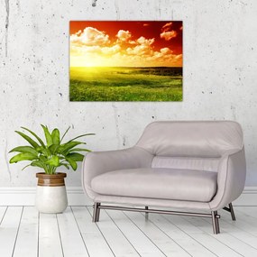 Sklenený obraz lúky so žiariacim slnkom (70x50 cm)