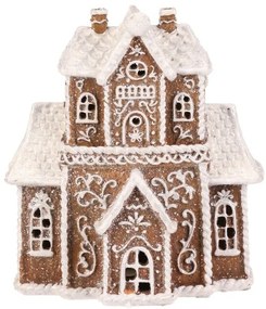 Vianočná dekorácia Perníkový domček s vežičkou, polyresin, LED, hnedá