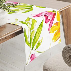 Biante Bavlnený behúň na stôl Sandra SA-481 Žlto-ružové akvarelové kvety na bielom 35x120 cm