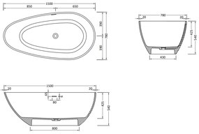 Mexen Palermo, voľnestojaca vaňa z konglomerátu 150 x 78 cm, biela matná, 57211507800