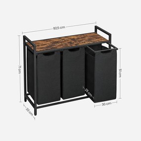 Kôš na bielizeň, s 3 vyťahovacími a odnímateľnými vakmi, 3 x 38 L, čierny