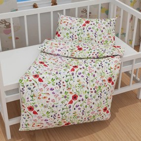 Biante Detské bavlnené posteľné obliečky do postieľky Sandra SA-608 Červeno-fialové lúčne kvety s motýlikmi a čmeliakmi na bielom Do postieľky 90x140 a 40x60 cm