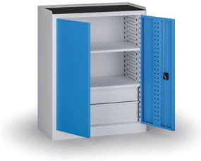 Policová dielenská skriňa 2-dverová, 2 police + 4 zásuvky, 1180 × 950 × 500 mm, modré dvere