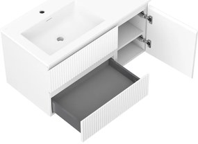 Mexen Rivel, kúpeľňová skrinka 90 cm s ľavým umývadlom Otis, 2S, 1D, drážkovaná, biela matná, 91A23-09047-3-BBFFF01-W18L01