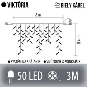 Viktória spojovateľná led svetelná záclona vonkajšia - 50led - 3m studená biela - biely kábel