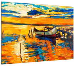 Sklenený obraz - Loďka pri západe slnka (70x50 cm)
