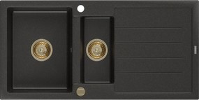 Mexen Andres, granitový drez 1000x500x200 mm, 1,5-komorový, čierna so zlatou metalízou a zlatým sifónom, 6515101510-75-G