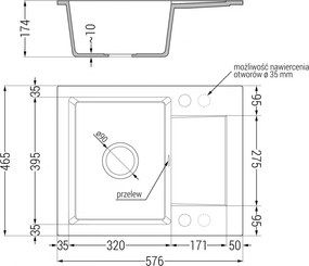 Mexen Enzo, granitový drez 576x465x174 mm, 1-komorový, čierna škvrnitá so zlatým sifónom, 6506571005-76-G