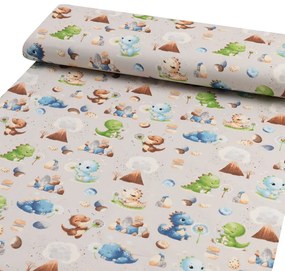 Detská bavlnená látka/plátno Sandra SA-656 Modro-zeleno-hnedé dinosaury na svetlo sivom - šírka 160 cm