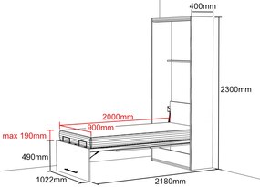 Nabytekmorava Sklápacia posteľ VS 21054, 200 x 90cm Typ farebného prevedenia: Dub sonoma tmavý / dvere biele