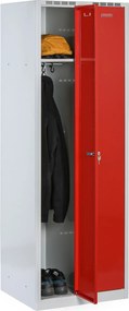 Plechová šatníková skrinka S8 na sokli, 2-dverová, 1800 x 600 x 500 mm, otočný zámok, červené dvere