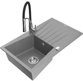 Mexen Cesar, 1-komorový granitový drez 775x470x190 mm a drezová batéria Aster, šedá, 6514-71-73450-07