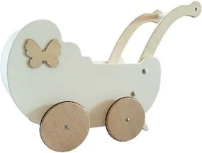 Drevený kočík pre bábiky s dekoráciou biela + drevo