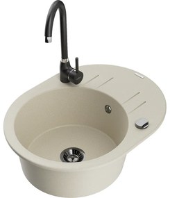 Mexen Kevin, drez granitový 586x458x190 mm, 1-komorový a čierna matná batéria Telma, béžová, 6517-69-670200-70